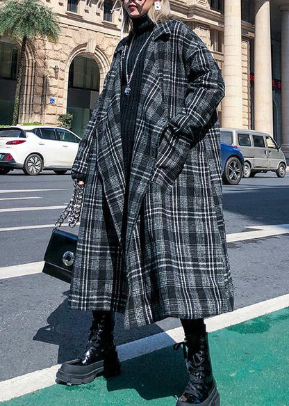 Gray Plaid Woolen Coat Notched Pockets Long Coats