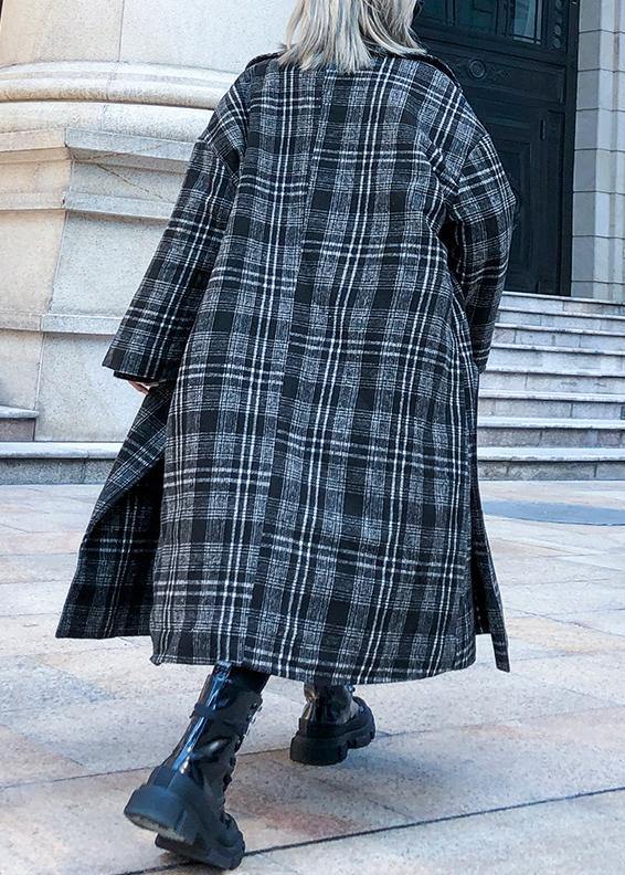 Gray Plaid Woolen Coat Notched Pockets Long Coats
