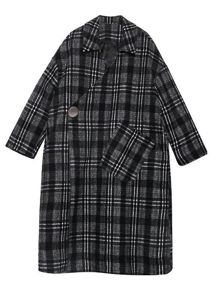 Gray Plaid Woolen Coat Notched Pockets Long Coats