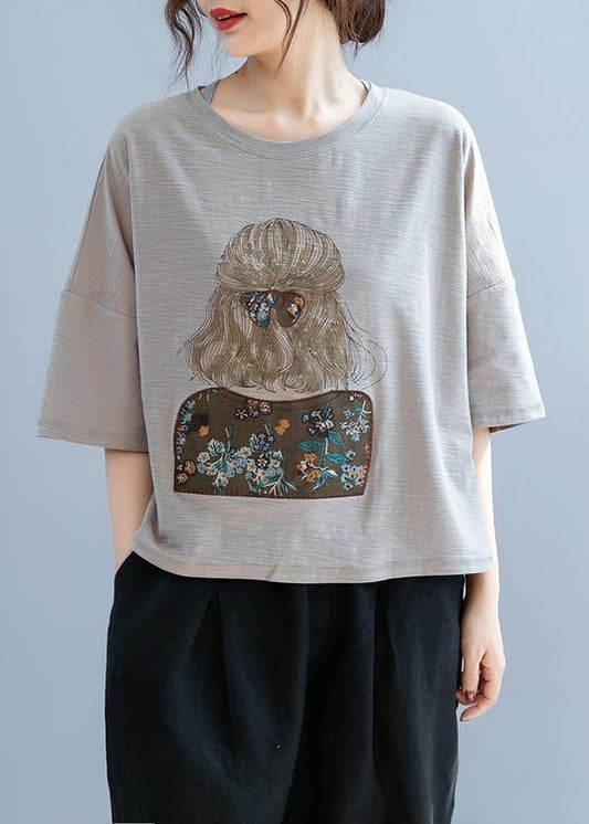 Gray Print Tunic Top O Neck Half Sleeve Cotton Shirt