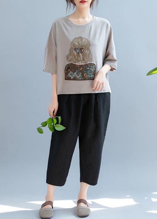 Gray Print Tunic Top O Neck Half Sleeve Cotton Shirt