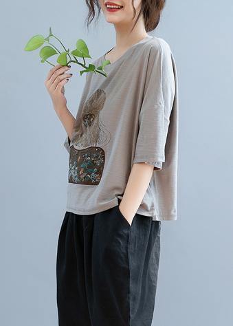 Gray Print Tunic Top O Neck Half Sleeve Cotton Shirt