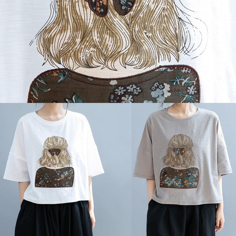 Gray Print Tunic Top O Neck Half Sleeve Cotton Shirt