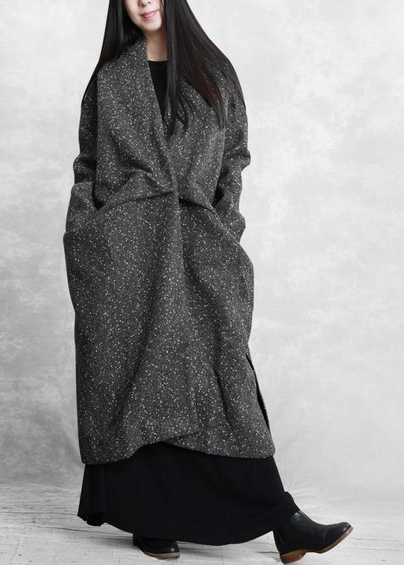 Gray Print Woolen Outwear Oversized Side Open Winter Coat