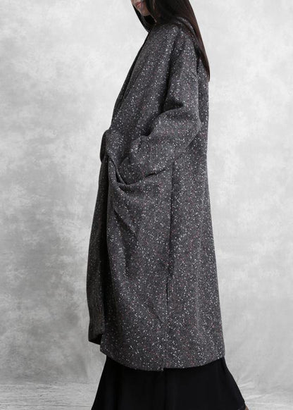 Gray Print Woolen Outwear Oversized Side Open Winter Coat