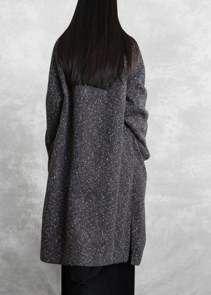 Gray Print Woolen Outwear Oversized Side Open Winter Coat