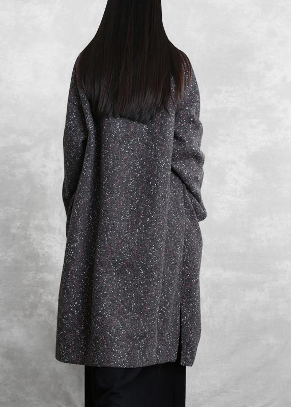 Gray Print Woolen Outwear Oversized Side Open Winter Coat