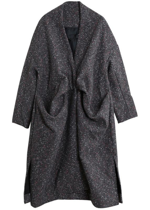 Gray Print Woolen Outwear Oversized Side Open Winter Coat