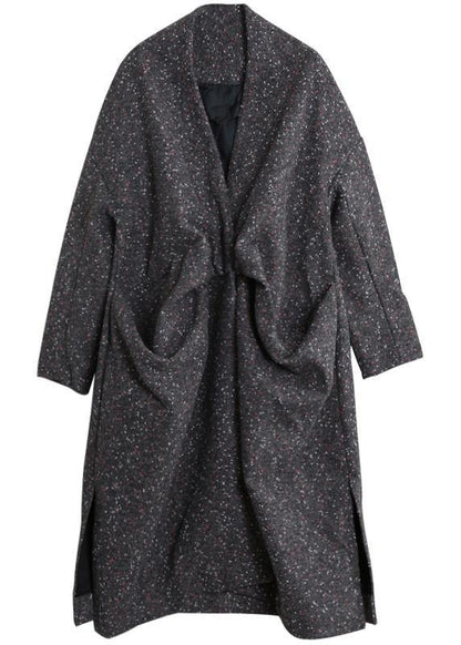 Gray Print Woolen Outwear Oversized Side Open Winter Coat