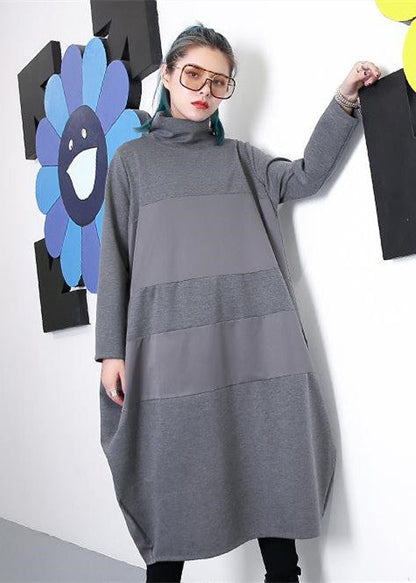 Gray Shift Dress Long Sleeve New Turtleneck Patchwork Cotton Blended Clothing Dress