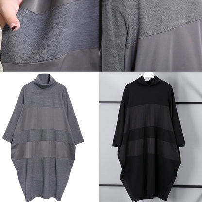 Gray Shift Dress Long Sleeve New Turtleneck Patchwork Cotton Blended Clothing Dress
