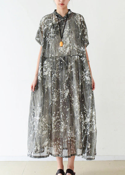 Gray Silk Long Shirts Fine Cotton Chinese Button Traveling Summer Dress