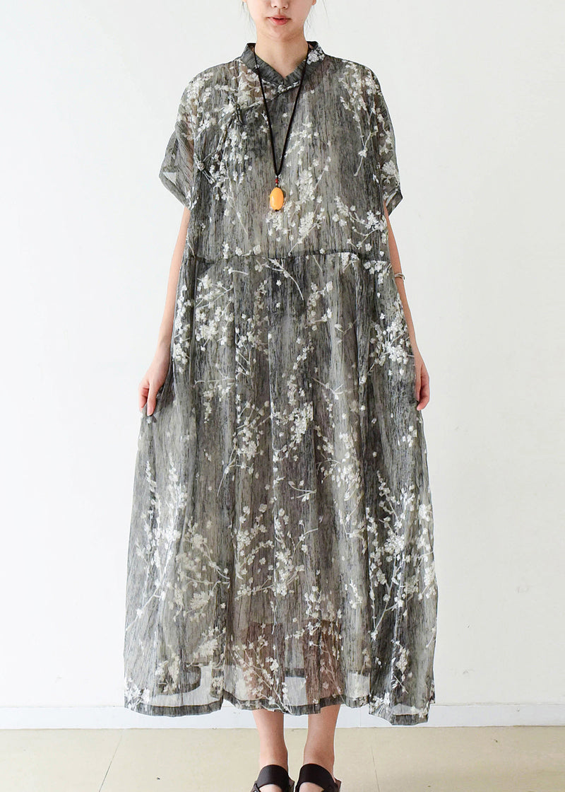 Gray Silk Long Shirts Fine Cotton Chinese Button Traveling Summer Dress
