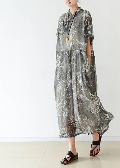 Gray Silk Long Shirts Fine Cotton Chinese Button Traveling Summer Dress