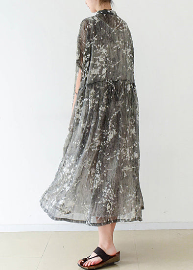 Gray Silk Long Shirts Fine Cotton Chinese Button Traveling Summer Dress