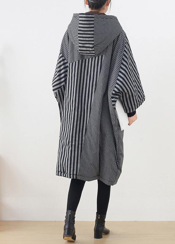 Gray Striped Coats Oversized Winter Hooded Patchwork Outwear