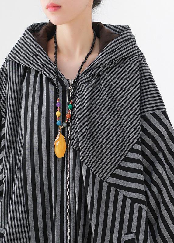 Gray Striped Coats Oversized Winter Hooded Patchwork Outwear