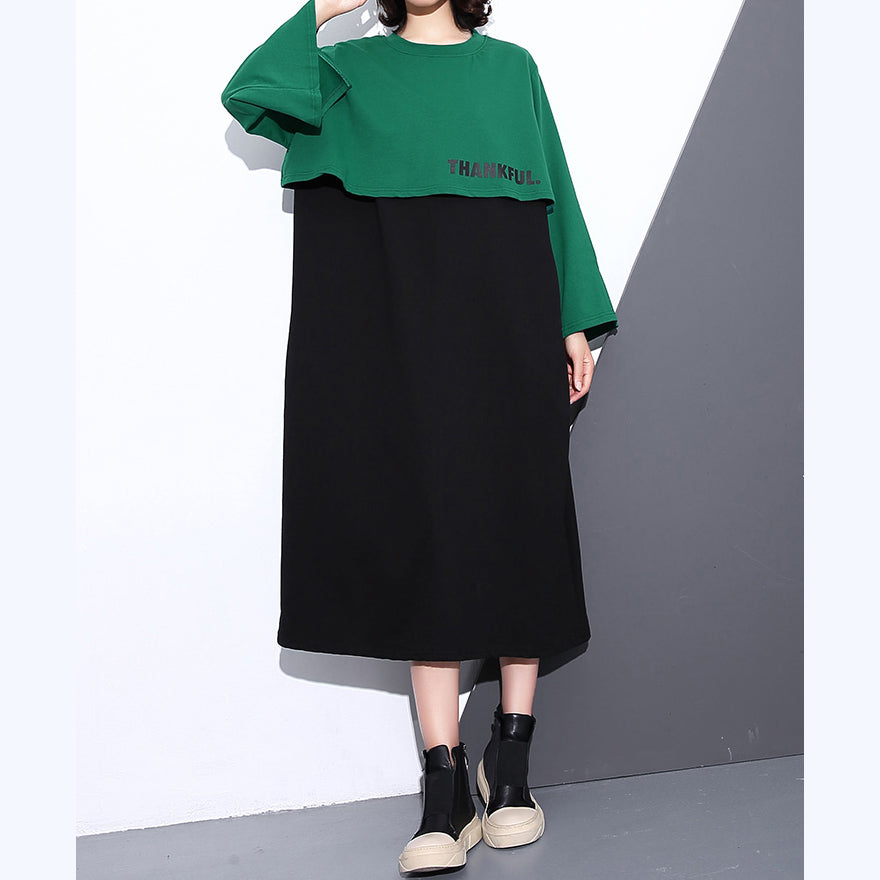 Green Autumn Cotton Dress Oversized O Neck Gown New Faux Two Pieces Caftans