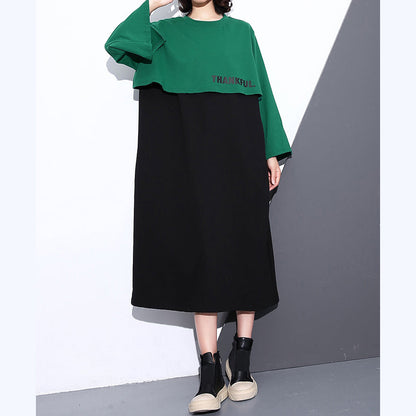 Green Autumn Cotton Dress Oversized O Neck Gown New Faux Two Pieces Caftans