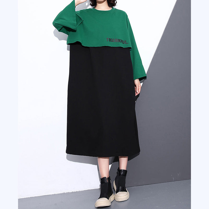 Green Autumn Cotton Dress Oversized O Neck Gown New Faux Two Pieces Caftans