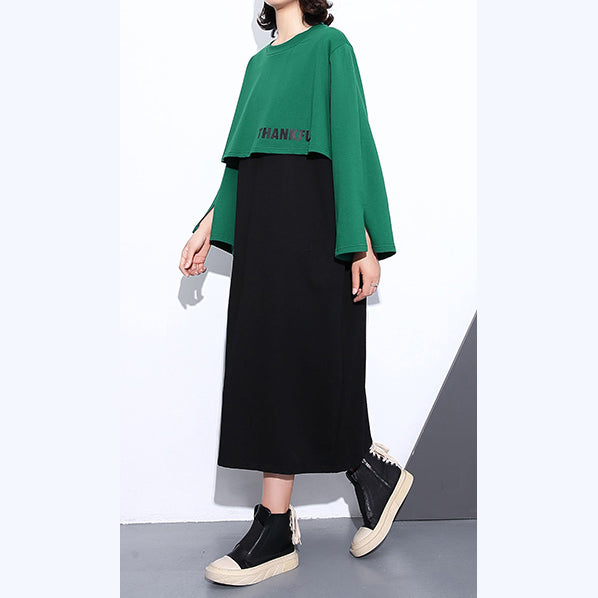 Green Autumn Cotton Dress Oversized O Neck Gown New Faux Two Pieces Caftans