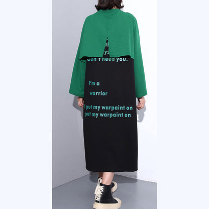 Green Autumn Cotton Dress Oversized O Neck Gown New Faux Two Pieces Caftans