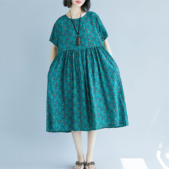 Green Cotton Linen Shift Dress Oversized Maxi Dress Fine Short Sleeve O Neck Cotton Linen Clothing