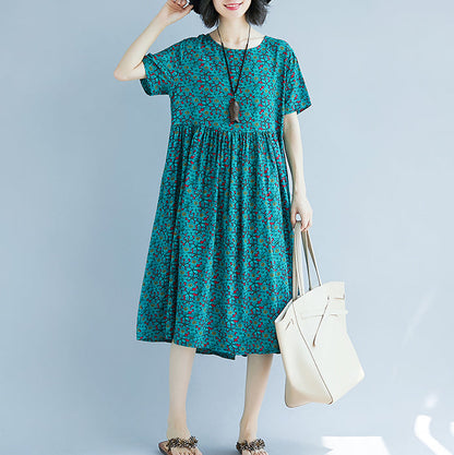 Green Cotton Linen Shift Dress Oversized Maxi Dress Fine Short Sleeve O Neck Cotton Linen Clothing