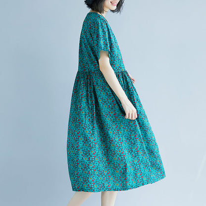 Green Cotton Linen Shift Dress Oversized Maxi Dress Fine Short Sleeve O Neck Cotton Linen Clothing