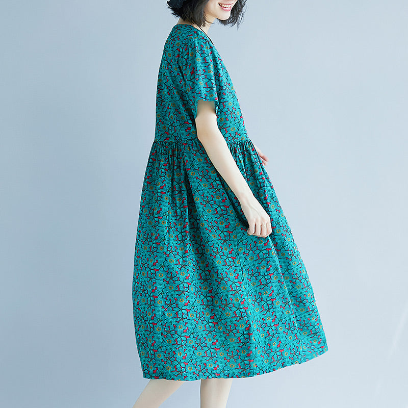 Green Cotton Linen Shift Dress Oversized Maxi Dress Fine Short Sleeve O Neck Cotton Linen Clothing