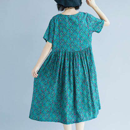 Green Cotton Linen Shift Dress Oversized Maxi Dress Fine Short Sleeve O Neck Cotton Linen Clothing