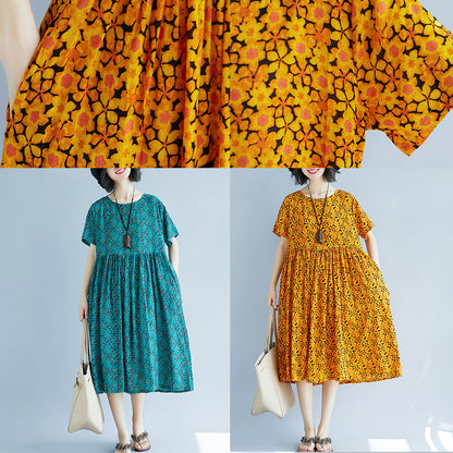 Green Cotton Linen Shift Dress Oversized Maxi Dress Fine Short Sleeve O Neck Cotton Linen Clothing