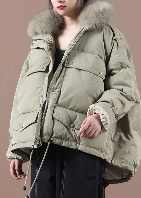 Green Duck Down Coat Clothing Down Jacket Faux Fur Collar Drawstring Overcoat