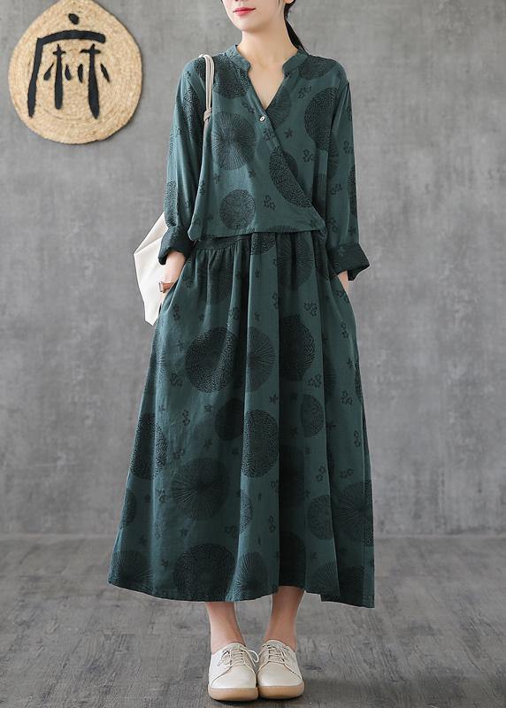 Green Embroidery Cotton Tunics for O Neck Patchwork Traveling Dresses