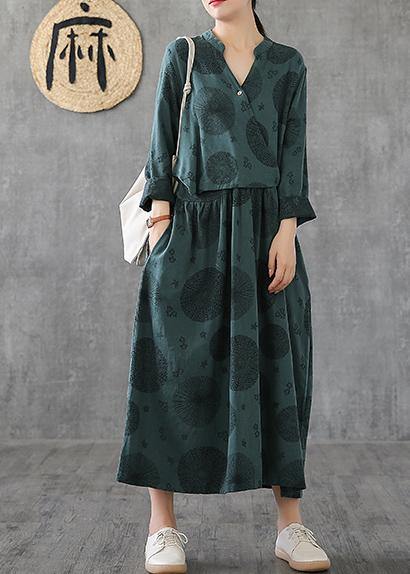 Green Embroidery Cotton Tunics for O Neck Patchwork Traveling Dresses