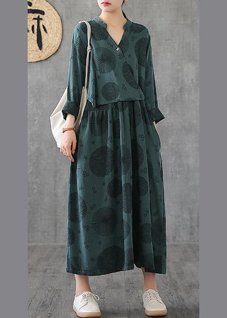 Green Embroidery Cotton Tunics for O Neck Patchwork Traveling Dresses