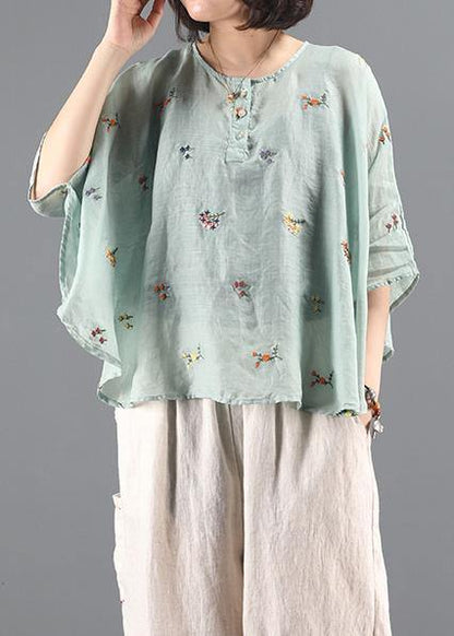 Green Embroidery Tunic Pattern O Neck Batwing Sleeve Knee Blouses