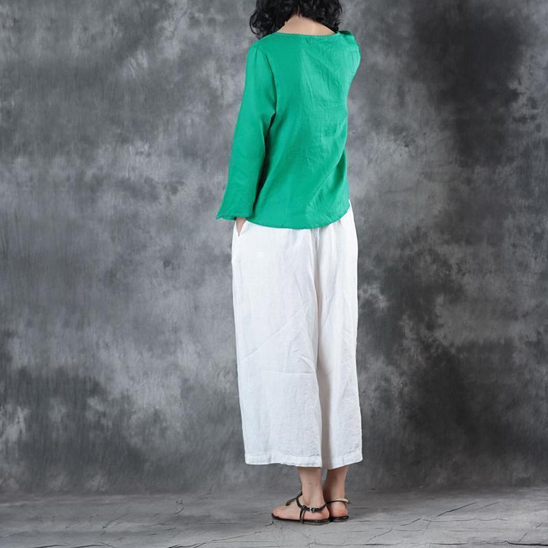 Green Midi Linen Pullover Loose Fitting Holiday Tops Half Sleeve V Neck Tie Waist Brief T Shirt