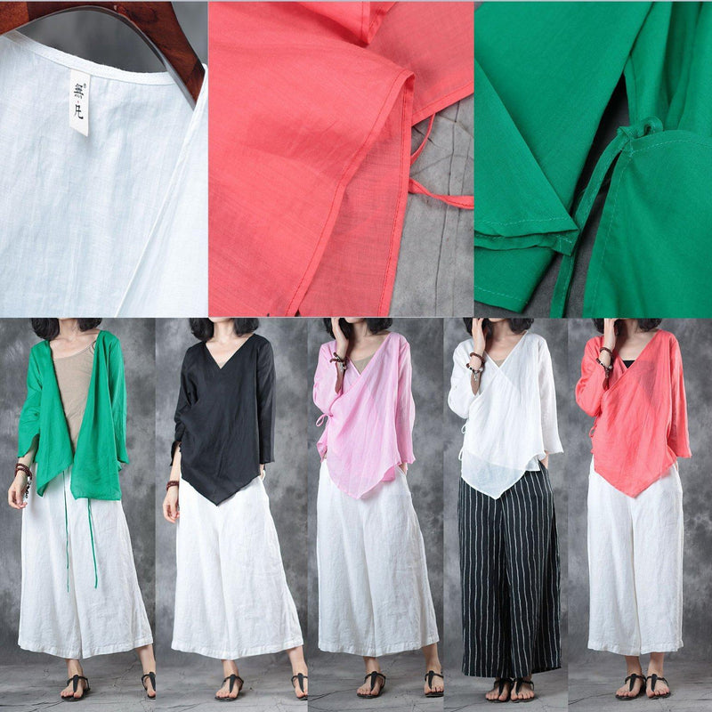 Green Midi Linen Pullover Loose Fitting Holiday Tops Half Sleeve V Neck Tie Waist Brief T Shirt