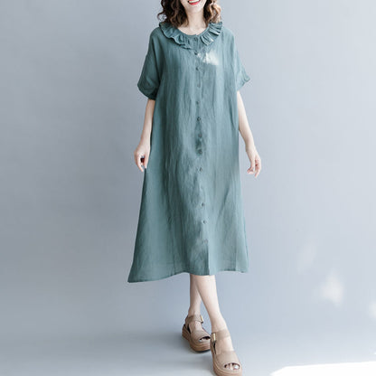 Green Natural Cotton Linen Dress Holiday Dresses Short Sleeve Patchwork Peter Pan Collar Pockets Knee Dresses