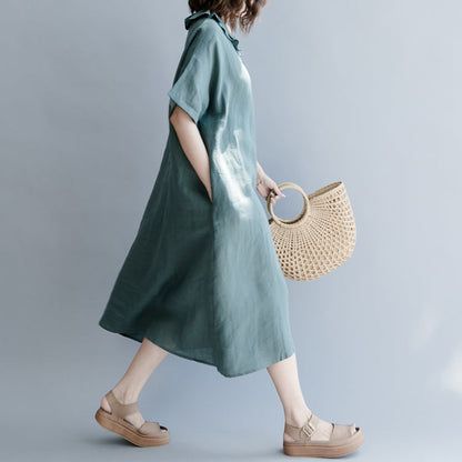 Green Natural Cotton Linen Dress Holiday Dresses Short Sleeve Patchwork Peter Pan Collar Pockets Knee Dresses