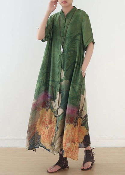 Green Print Chiffon Clothes 18th Century Fabrics Stand Collar Side Open Love Dress
