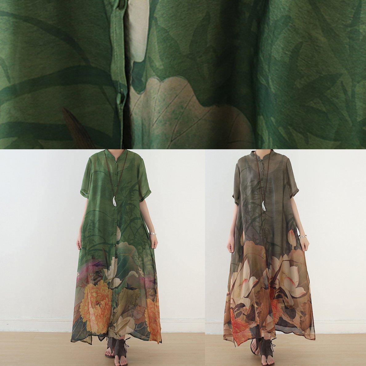 Green Print Chiffon Clothes 18th Century Fabrics Stand Collar Side Open Love Dress