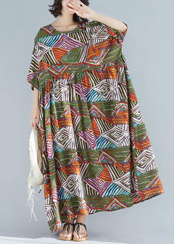 Green Print Cotton Clothes O Neck Large Hem Maxi Summer Dress