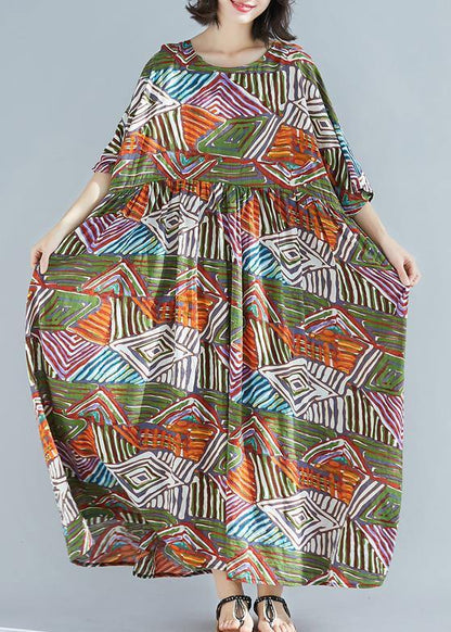 Green Print Cotton Clothes O Neck Large Hem Maxi Summer Dress