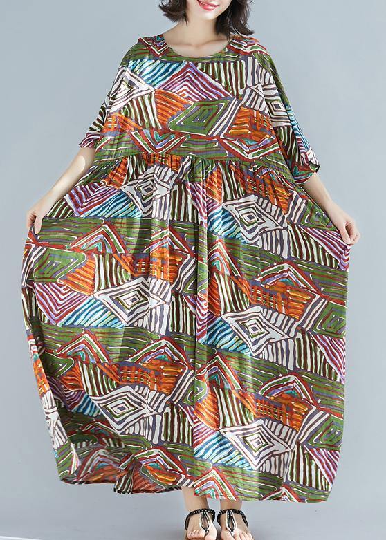 Green Print Cotton Clothes O Neck Large Hem Maxi Summer Dress