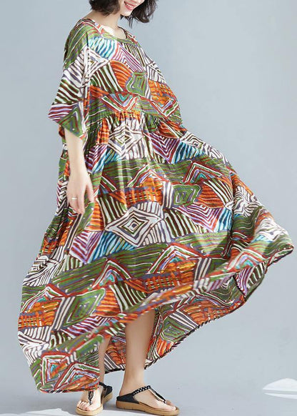 Green Print Cotton Clothes O Neck Large Hem Maxi Summer Dress