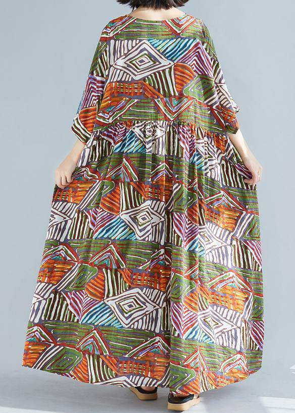 Green Print Cotton Clothes O Neck Large Hem Maxi Summer Dress