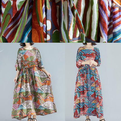 Green Print Cotton Clothes O Neck Large Hem Maxi Summer Dress