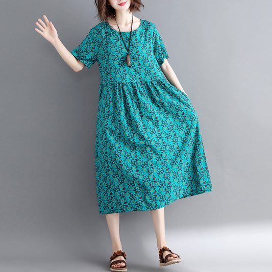 Green Print Cotton Linen Maxi Dress Short Sleeve Long Dresses New O Neck Clothing Dresses